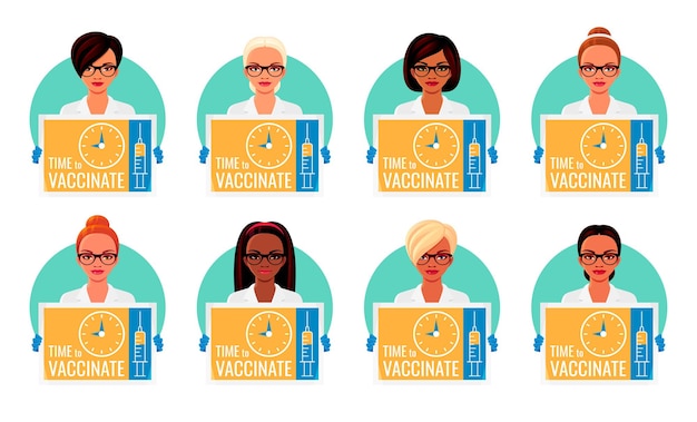 Médecins Afro-américains Asiatiques Indiens Et Européens Avec Des Affiches Préventives Sur La Vaccination