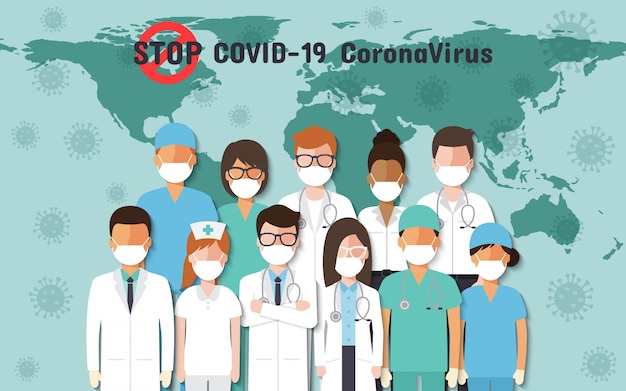 Médecins, Infirmières Et Personnes Du Monde Entier Portant Des Masques Faciaux Se Battant Pour Le Coronavirus, Covid-19 Sur La Carte Du Monde.