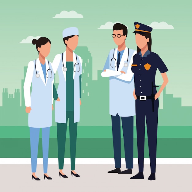 Vecteur médecins, police, femme, debout