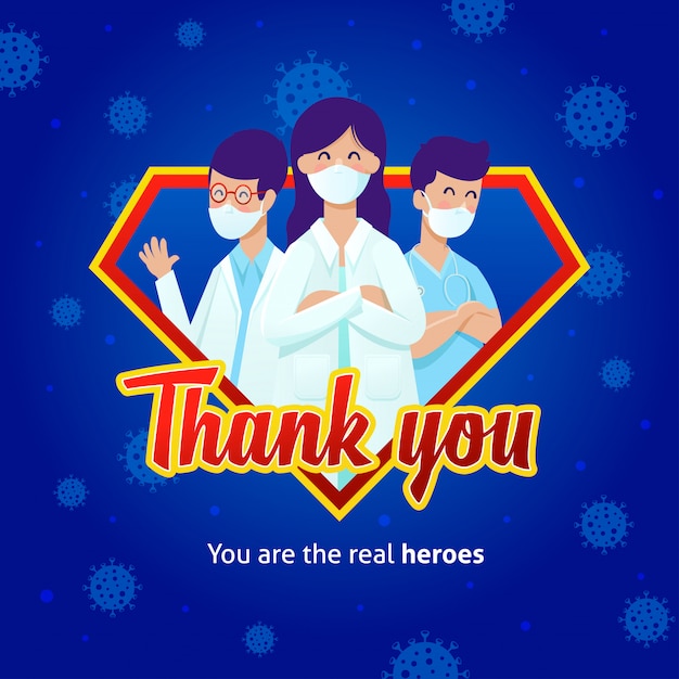 Médecins Portant Des Masques Sur Un Logo De Super-héros Avec Un Message De Remerciement Pour Leur Combat Contre Covid-19.