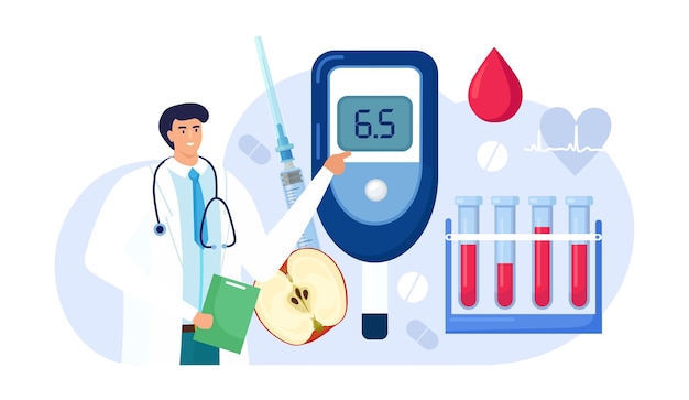 Vecteur les médecins testent le sang pour le glucose, à l'aide d'un glucomètre. diagnostic d'hypoglycémie ou de diabète. matériel de laboratoire et seringue. médecin mesurant le niveau de sucre