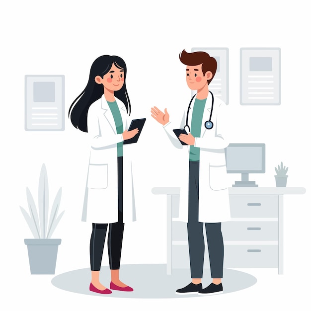 Des médecins en train de discuter avec des stéthoscopes sur leur poitrine.