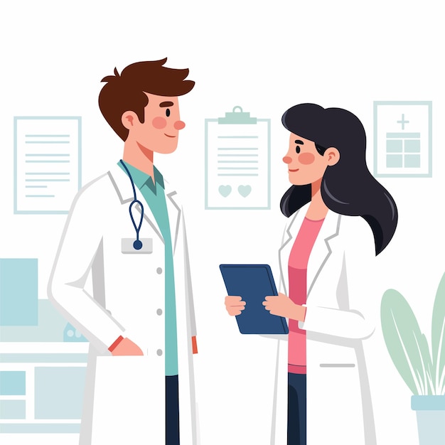 Des médecins en train de discuter avec des stéthoscopes sur leur poitrine.