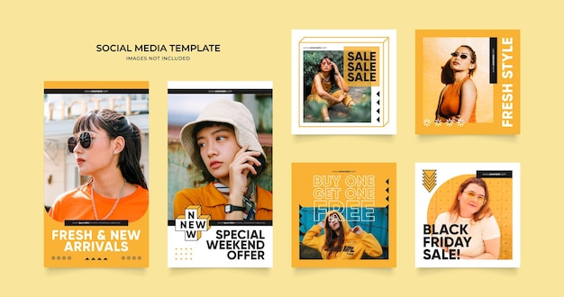 médias sociaux modèle bannière blog mode vente promotion entièrement modifiable instagram et facebook carré post cadre puzzle bio vente affiche frais jaune orange élément forme vecteur fond
