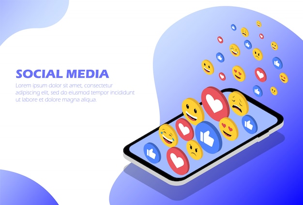 Des médias sociaux. Téléphone concept avec émoticônes et aime. Illustration isométrique