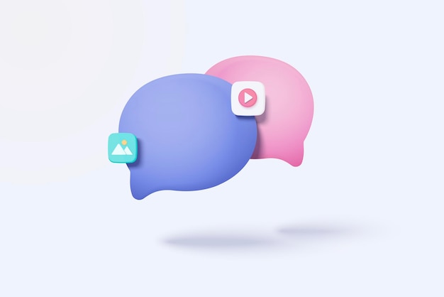 Médias sociaux vectoriels 3D avec vidéo et photo dans la plate-forme de bulles social en ligne pour le remplacement de texte dans le concept de discours emoji chat discours chat message avec fond d'écriture vecteur de rendu 3d