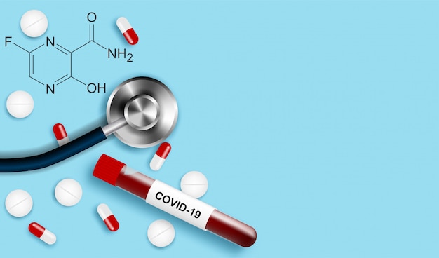 Médical. Médicament antiviral. Le favipiravir est efficace dans le traitement du coronavirus, covid-19. conception avec médicament, échantillon de sang infecté et stéthoscope sur fond bleu.