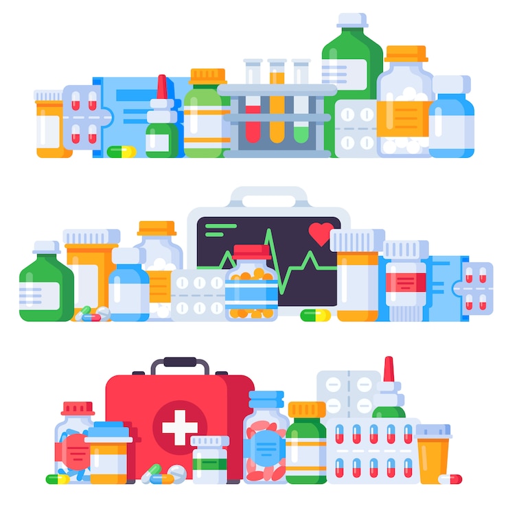 Vecteur médicaments. pilules de médecine, flacon de médicament pharmaceutique et pilule antibiotique. ensemble d'illustration isolé de médicaments de pharmacie