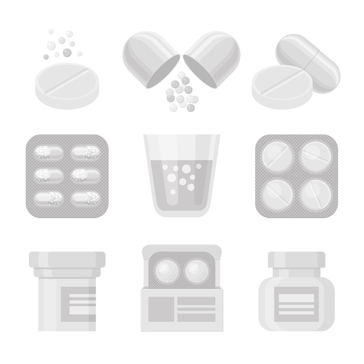 Vecteur médicaments et pilules vectorielles jeu d'icônes réaliste blanc. éléments médicaux - médicaments, packs, bouteilles.