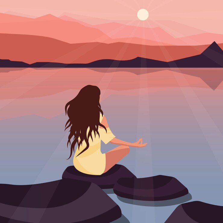 Vecteur méditation au coucher du soleil, une fille et des montagnes
