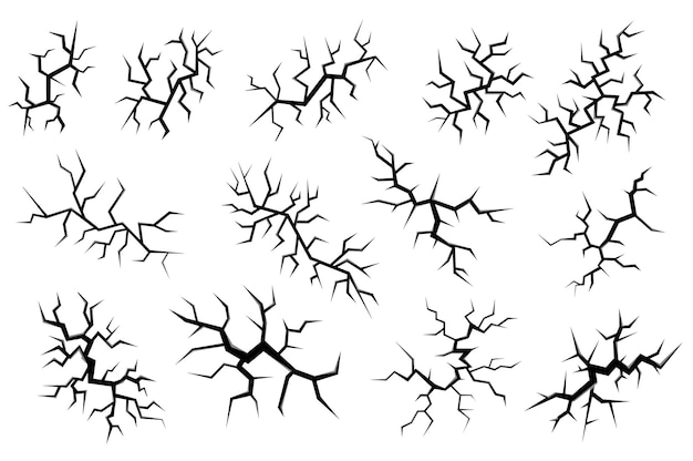 Mega-ensemble d'effet fissuré dans une conception plane Éléments de faisceau de surface fissures au sol dommages fissures ruptures rugueuses sur terre et rayures de ligne en vue de haut Illustration vectorielle objets graphiques isolés