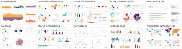 Mega ensemble d'éléments infographiques modèle de conception vectorielle de visualisation de données Inclut les médias sociaux processus d'affaires personnes diagramme de flux de travail diagramme de débit chronologique marketing Graphiques d'information groupés