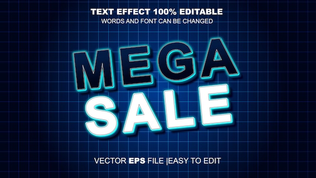 Mega sale style 3D effet de texte bleu foncé néon vectoriel modifiable
