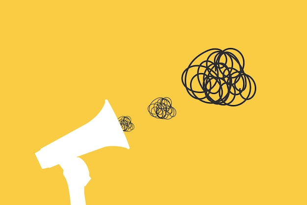 Megaphone parlant à travers le chaos désordonné et d'autres concepts confus de mauvaise communication et de désinformation