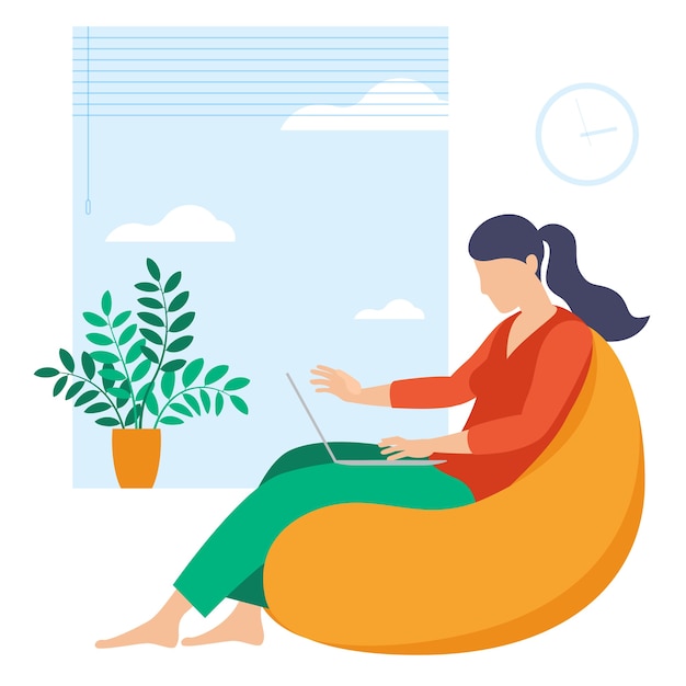 Vecteur le meilleur endroit pour le travail à distance. jeune femme travaille en sous-traitance. illustration de conception lat, prêt au concept d'animation pour site web, présentation, application mobile.