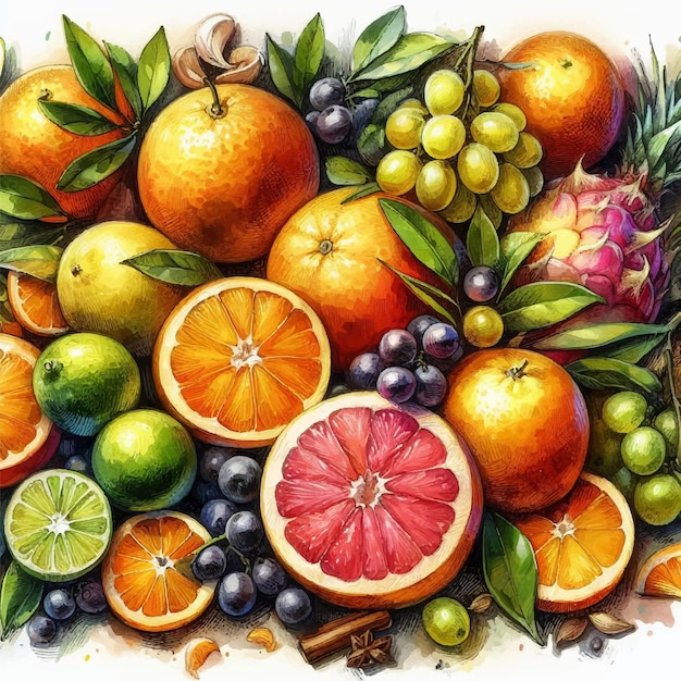 Vecteur un mélange frais et coloré d'agrumes avec des citrons des raisins secs des citrons comme une nature morte