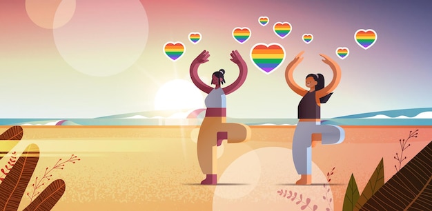 Mélanger Les Amants De Filles De Course Faisant Des Exercices Physiques Défilé D'amour Lesbien De Plage Transgenre Concept Lgbt Coucher De Soleil Paysage Marin Fond Horizontal Pleine Longueur Illustration Vectorielle