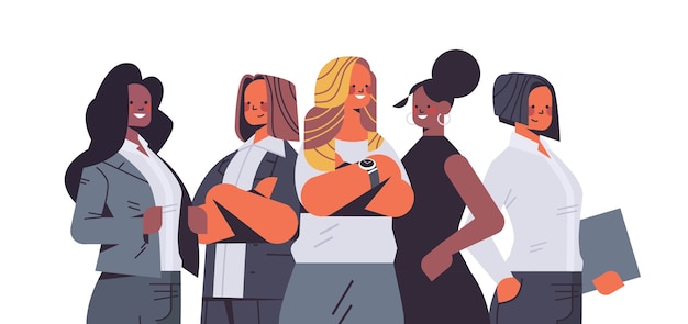 Mélanger les femmes d & # 39; affaires de course en tenue de soirée debout ensemble concept d & # 39; équipe de femmes groupe de gens d & # 39; affaires prospères illustration isolée