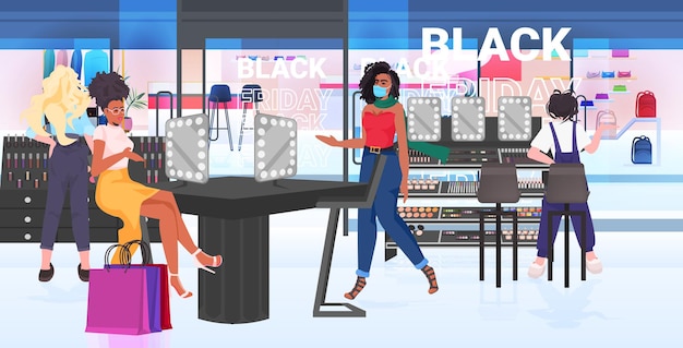 Vecteur mélanger les femmes de race dans des masques choisissant des cosmétiques dans un magasin de beauté vendredi noir concept de grande vente illustration vectorielle pleine longueur horizontale