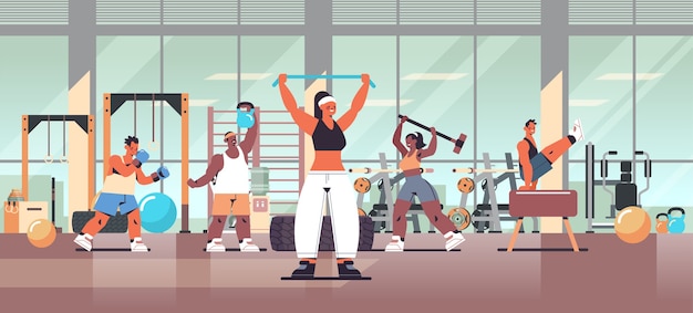 Vecteur mélanger les gens de course faisant des exercices physiques travaillant sur la formation de remise en forme concept de mode de vie sain intérieur de studio de gym moderne