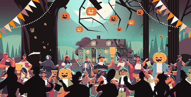Vecteur mélanger les gens de race en costumes marchant dans la ville tromper ou traiter joyeux halloween célébration concept de quarantaine coronavirus portrait
