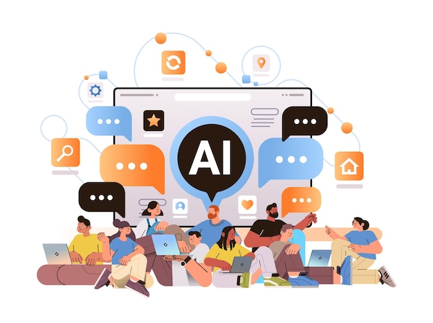 Mélanger les gens de race discutant sur les médias sociaux avec le concept de communication numérique de génération de profil d'assistant bot assistant ai