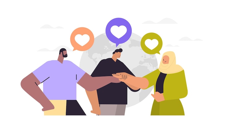 Vecteur mélanger les gens de race tenant par la main des amis debout ensemble soutenir le travail d'équipe concept de société multiculturelle portrait horizontal illustration vectorielle