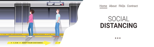 Vecteur mélanger les passagers du métro de course dans des masques de protection en gardant la distance pour empêcher le coronavirus dans les transports publics concept de distance sociale espace copie horizontale