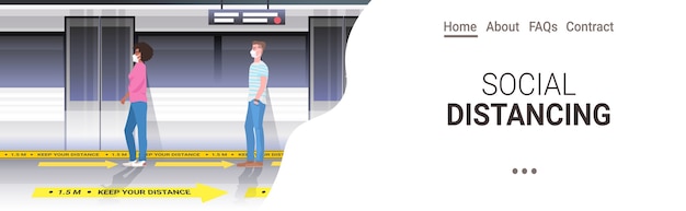 Mélanger Les Passagers Du Métro De Course Dans Des Masques De Protection En Gardant La Distance Pour Empêcher Le Coronavirus Dans Les Transports Publics Concept De Distance Sociale Espace Copie Horizontale