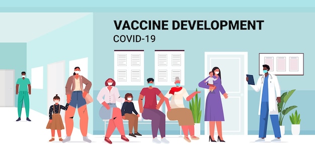 Mélanger les patients de race assis dans le couloir de l'hôpital personnes en attente de vaccin covid-19 prévention du coronavirus campagne de vaccination médicale illustration horizontale pleine longueur