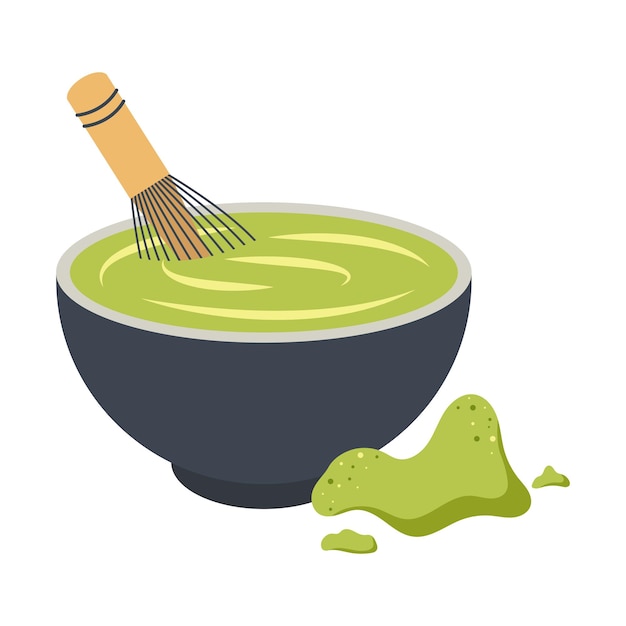 Vecteur mélanger de la poudre de matcha pour le thé avec un fouet illustration vectorielle