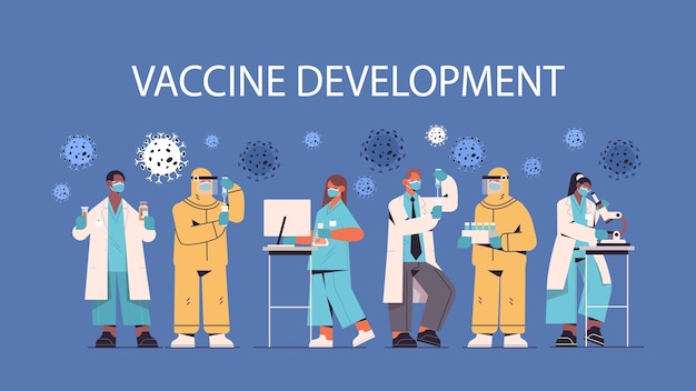 Vecteur mélanger les scientifiques de race développant un vaccin pour lutter contre l'équipe de chercheurs de coronavirus travaillant dans le concept de développement de vaccin de laboratoire médical illustration horizontale