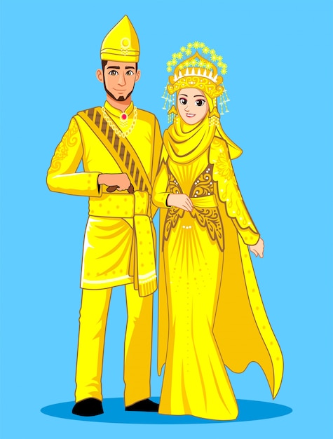 Melayu Deli épouse Des Vêtements Traditionnels Jaunes Et Dorés.