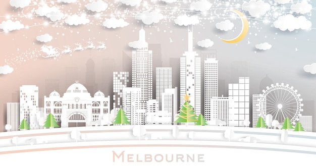 Melbourne Australie City Skyline dans un style papier découpé avec des flocons de neige, une lune et une guirlande de néons