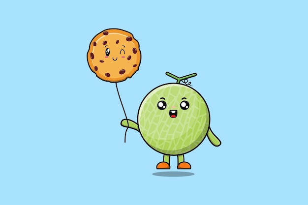 Melon de dessin animé mignon flottant avec ballon de biscuits en illustration d'icône de vecteur de dessin animé plat