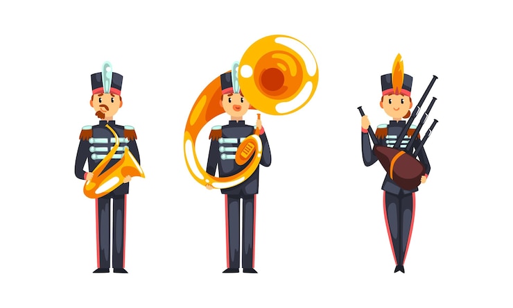 Vecteur membre de l'orchestre militaire en uniforme de défilé jouant d'un ensemble vectoriel d'instruments de musique