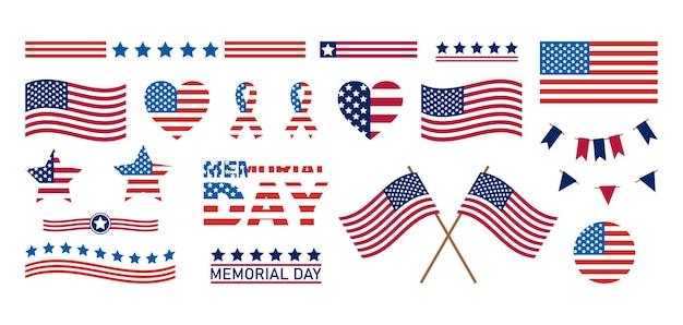 Vecteur memorial day usa set independence day united states icônes usa drapeau illustrations signe ou symbole