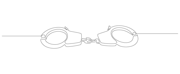 Menottes dans un dessin au trait continu Symbole de la justice policière et du concept de prison carcérale dans un style linéaire simple Bannière Web de véritable crime avec contour modifiable Illustration vectorielle de Doodle