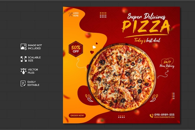 Vecteur menu alimentaire et modèle de publication sur les médias sociaux de délicieuses pizzas