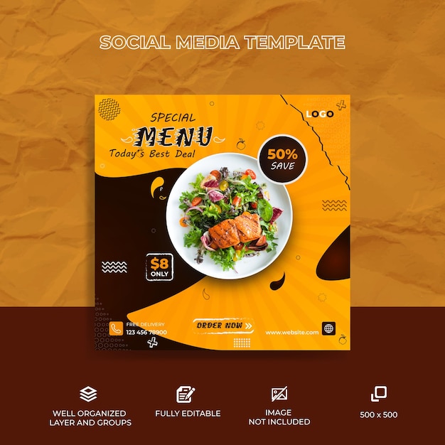 Menu alimentaire promotion des médias sociaux et modèle de conception de publication de bannière instagram