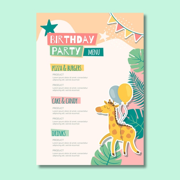 Vecteur menu anniversaire enfant