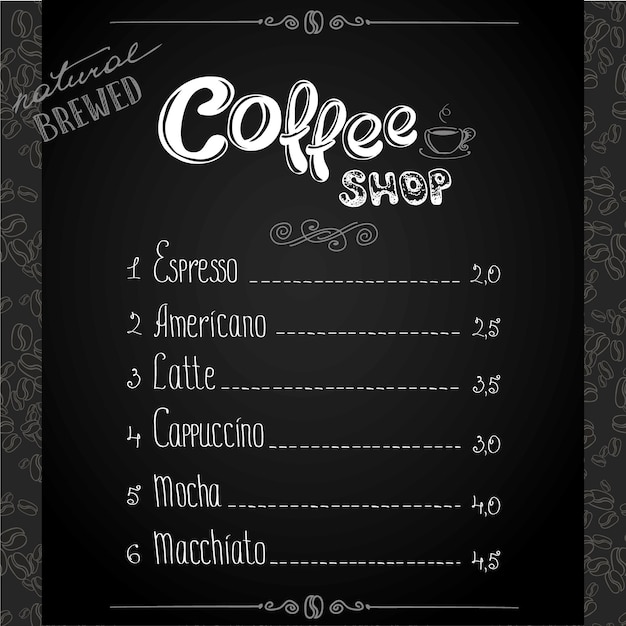 Menu Café Sur Fond Noir Illustration Vectorielle Dessinée à La Main