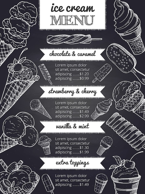 Menu De Crème Glacée. Dessin à La Main Des Illustrations Avec Place Pour Votre Texte. Menu Glace, Cornet Gaufré Aux Fruits