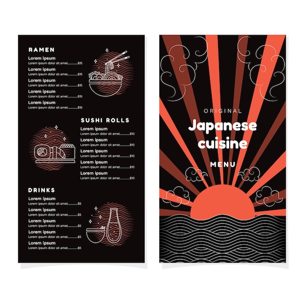 Menu de cuisine japonaise, menu de restaurant minimaliste, menu de restaurant japonais moderne, menu japonais