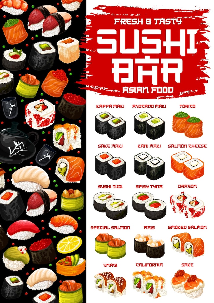 Vecteur menu de cuisine japonaise sushi et petits pains