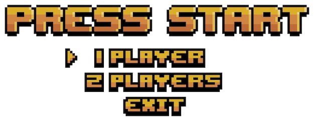 Menu de démarrage du jeu Pixel art, appuyez sur Démarrer, sélectionnez les joueurs et quittez le vecteur pour le jeu 8 bits