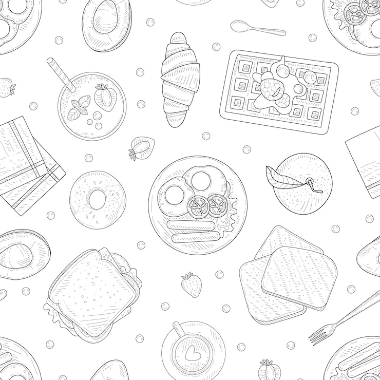 Vecteur menu dessiné à la main modèle sans couture avec les plats du matin peut être utilisé tissu papier d'emballage petit déjeuner site web papiers peints d'arrière-plan illustration vectorielle