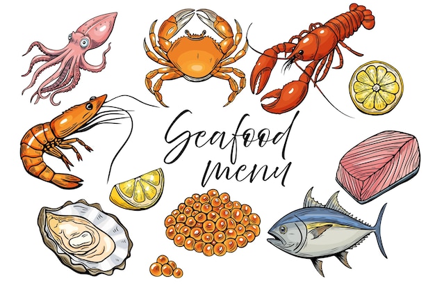 Menu de dessins de fruits de mer Vector de dessin de ligne Nourriture dessinée à la main