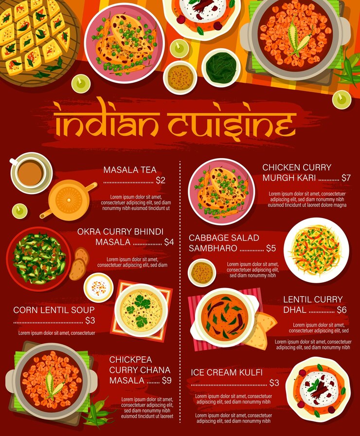 Vecteur menu du restaurant indien plats au curry aux épices