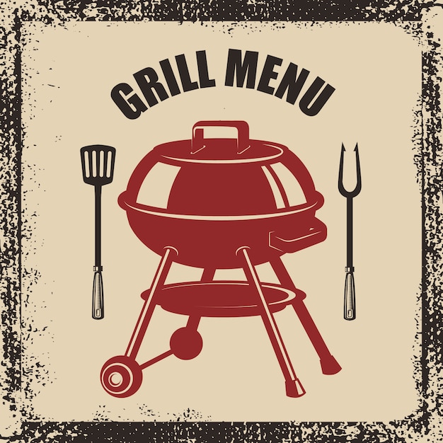 Vecteur menu de grillades. grill, fourchette et spatule de cuisine sur fond grunge. élément pour affiche, menu. illustration